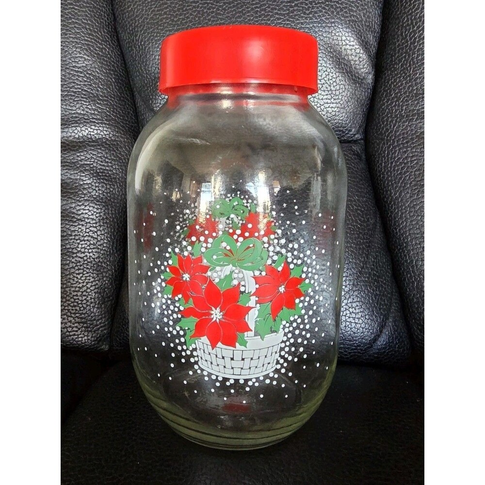 Carlton Glass 3 Liter Canister Cookie Jar Winter Holiday Poinsettia Vtg Large